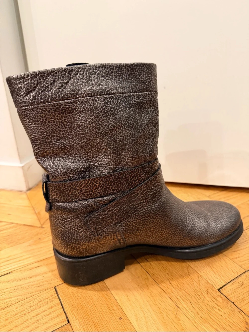Aquatalia Sami Graphite Metallic Waterproof Leather Moto Ankle Boots Size 12